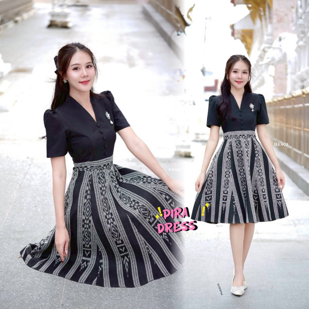 PIRA DRESS เดรสผ้าทอสีดำ งานอัดกาวทั้งชุด