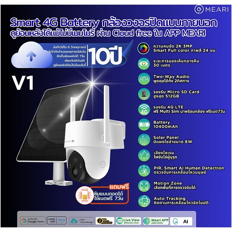 Meari  รุ่น V1 แบต 10400 mAh กล้องวงจรปิด 4G AOV Battery พร้อมแผล 8W บันทึก 24ชม/7วัน ประกันสินค้า 2
