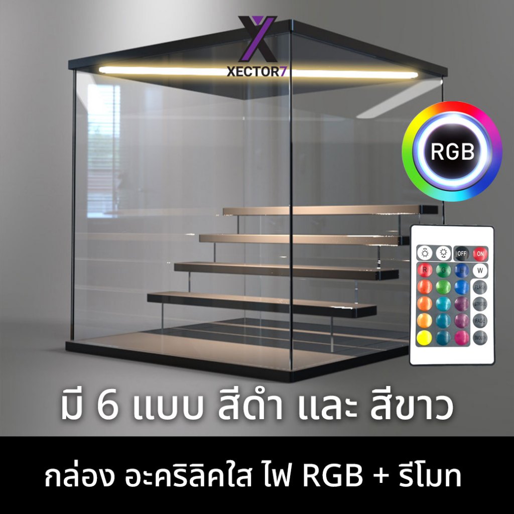 กล่อง Art Toy อะคริลิคใส ปรับไฟRGB รีโมท สีดำสีขาว ตู้โชว์โมเดลฟิกเกอร์ Popmart Labubu Molly Crybaby