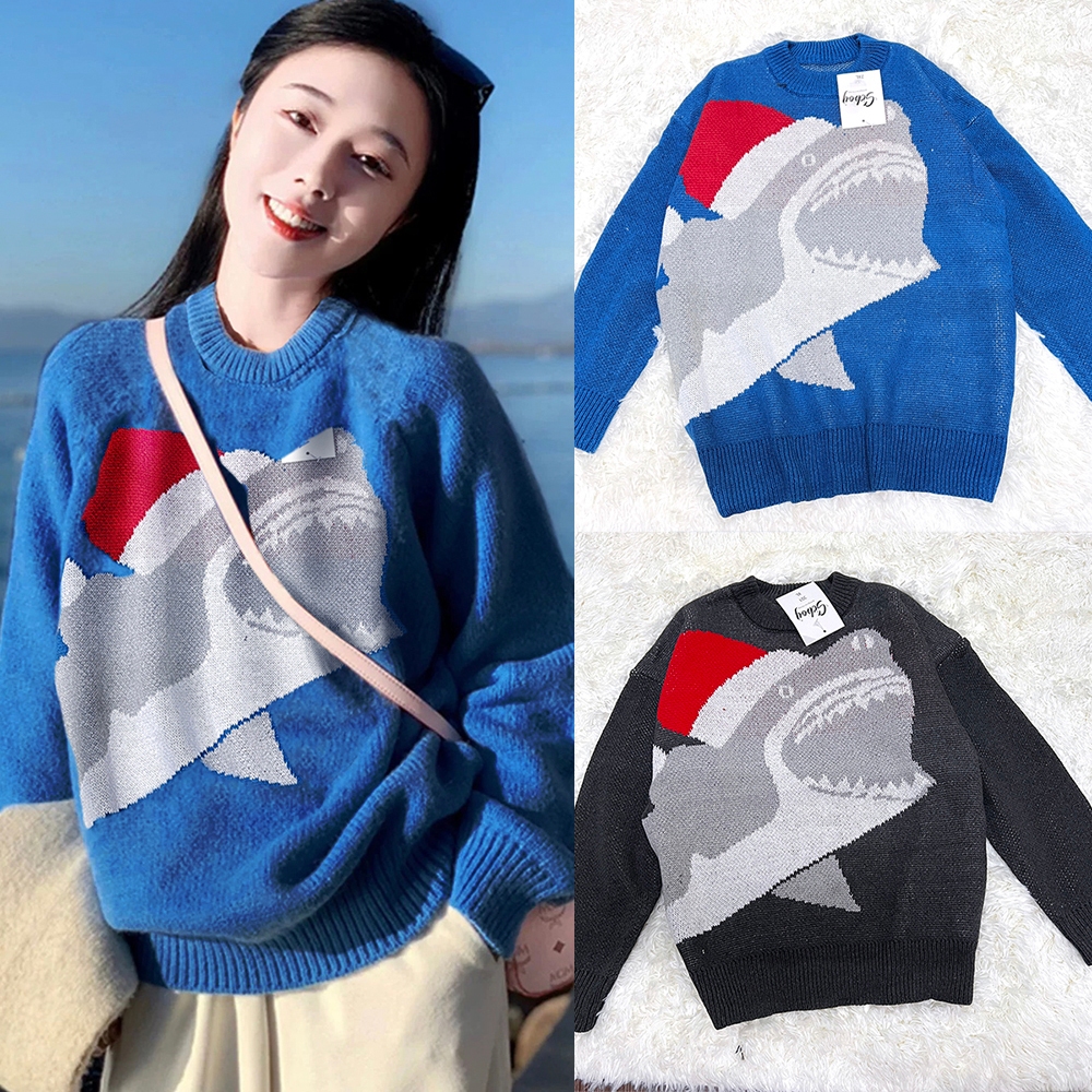 พร้อมส่ง เสื้อไหมพรม คอกลม แขนยาว สีพื้น ลายฉลาม เนื้อผ้างานดี แฟชั่นผู้หญิง
