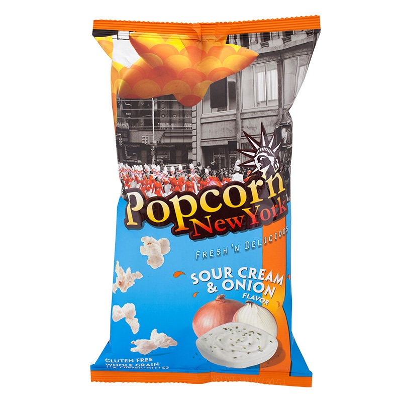 POPCORN NEWYORK ป๊อปคอร์นนิวยอร์กข้าวโพดคั่วรสซาวครีมและหัวหอม 60กรัม [0896719000802]