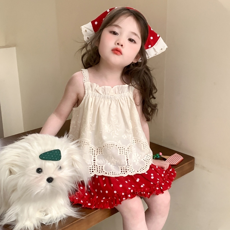 Mom Kids🌸พร้อมส่ง🌸เสื้อกั๊กลูกไม้+กระโปรงลายจุดสีแดง ชุดเซ็ทเด็กผู้หญิงแฟชั่น🎀น่ารักๆ สไตล์เกาหลี