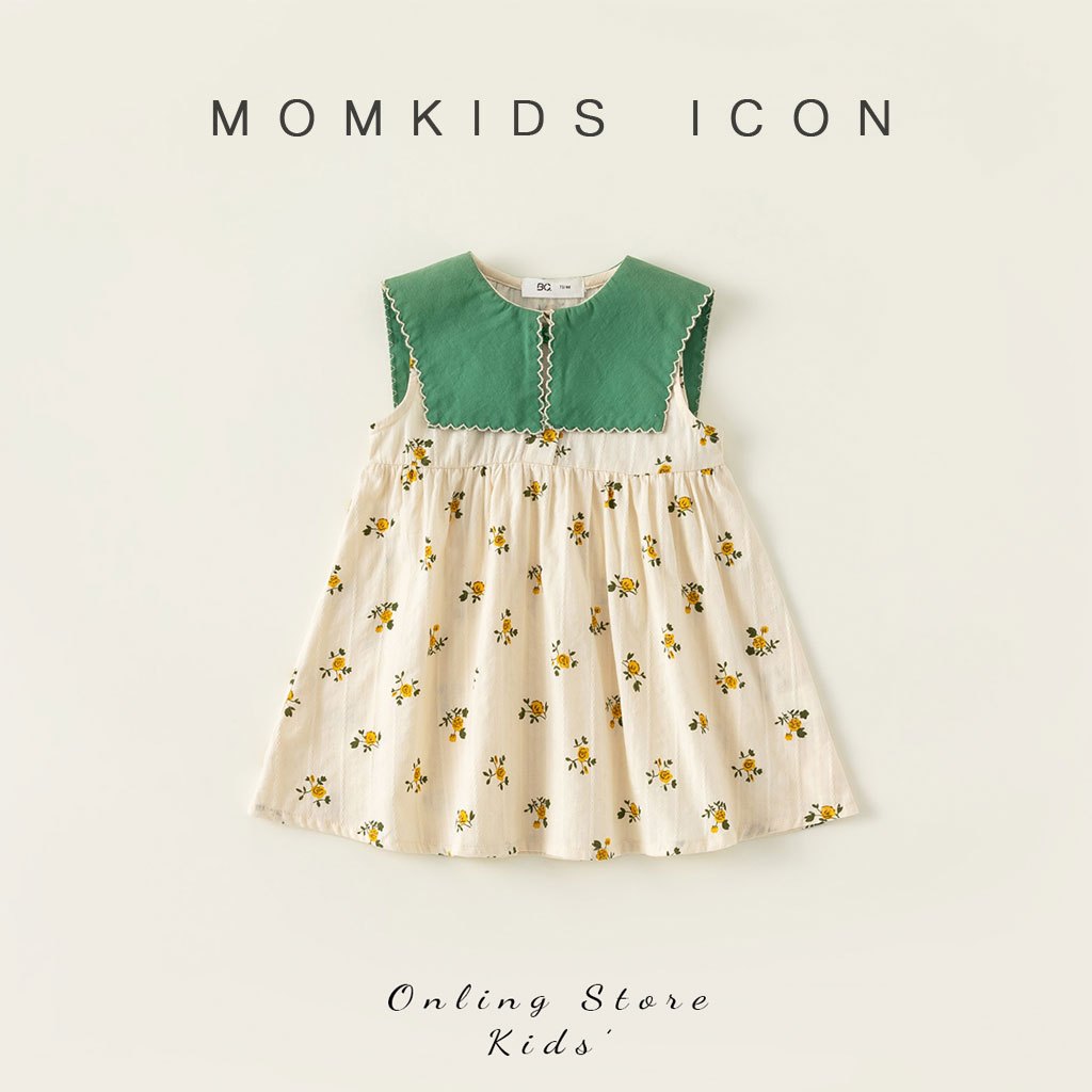 Mom Kids🌸พร้อมส่ง🌸ชุดเดรสลายดอกไม้ น' ารักสำหรับเด็ คอพับขนาดใหญ่สีเขียว แต่งกระดุม ชุดเดรสชายหาด - รูปที่ 4