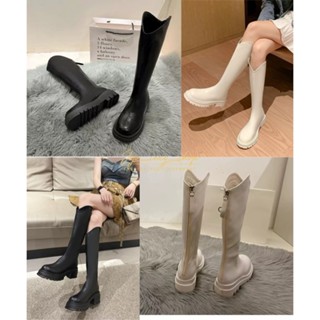 รองเท้าบูทยาว บูทสูง ส้นสูง ใต้เข่า ทรงวี หนังPU ด้านในบุขน …