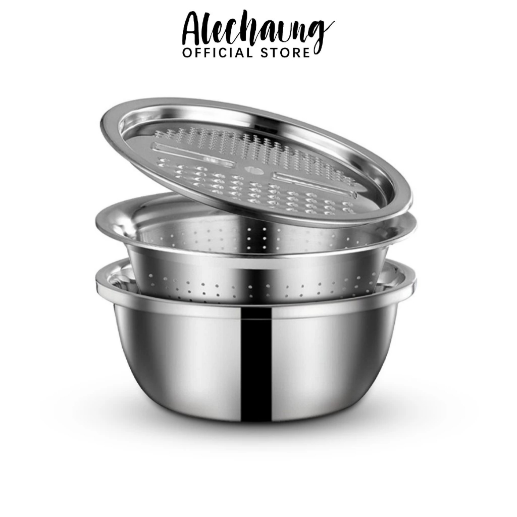 Alechaung ชามขูดผักผลไม้ ตะแกรงล้างผัก stainless basin ขูด หั่น ซอย ครบจบ ระบายน้ำได้