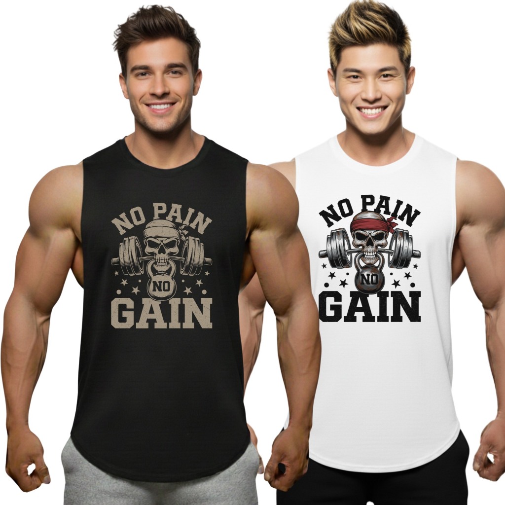 NO PAIN SKULL เสื้อแขนกุดเว้าแขนกว้าง Drop Arm Sleeveless Muscle Shirt