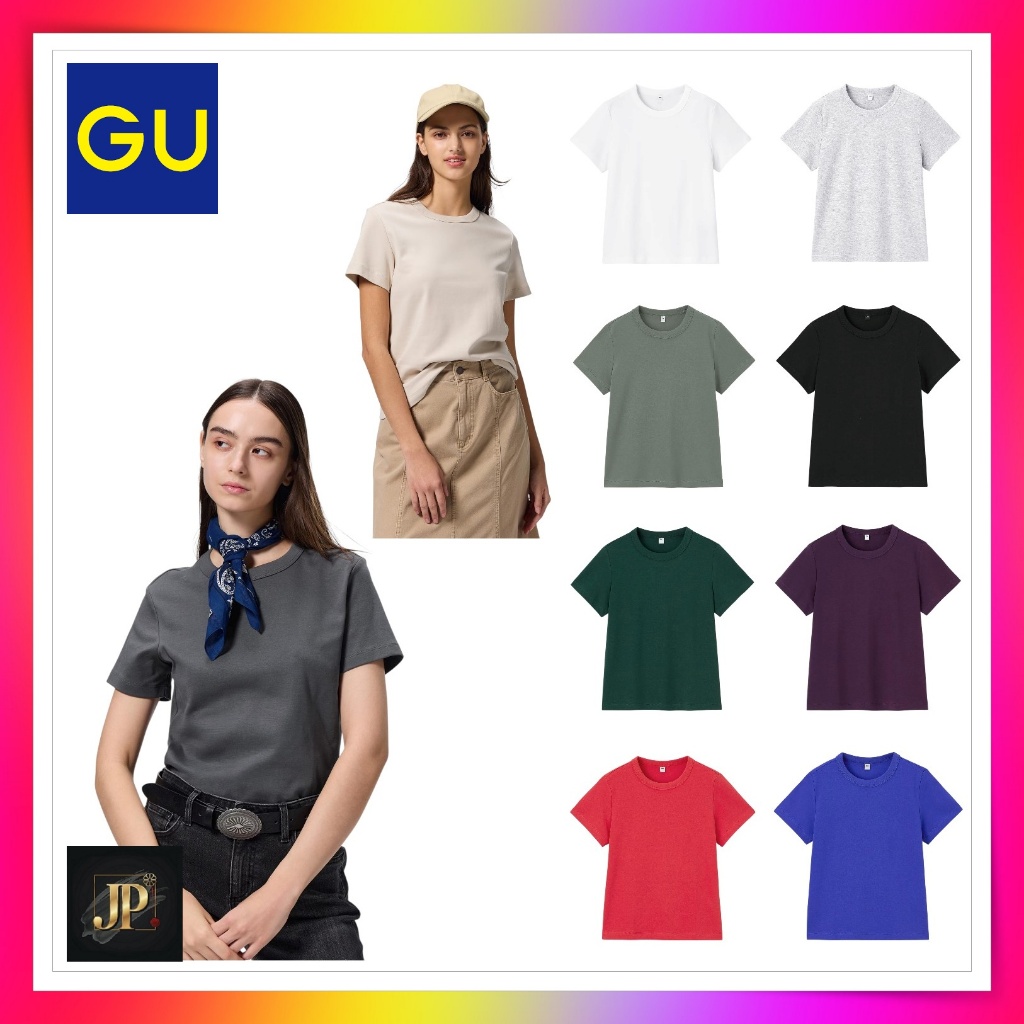 เสื้อยืด GU คอตตอนเนื้อลื่น คอเต่า【GU Cotton Smooth Crew Neck T-shirt】