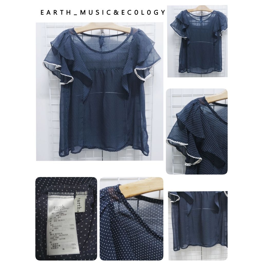 4576. E A R T H _ M U S I C & E C 0 L 0 G Y เสื้อเบลาส์ชีฟองลายจุดญี่ปุ่นมือสอง