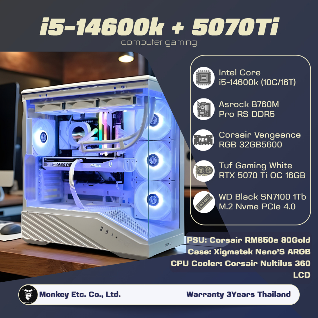 คอมประกอบ Gaming PC Intel Core i5 14600K / RTX 5070 Ti 16GB / DDR5 32GB / SSD 1TB / AIO 360 LCD - mo