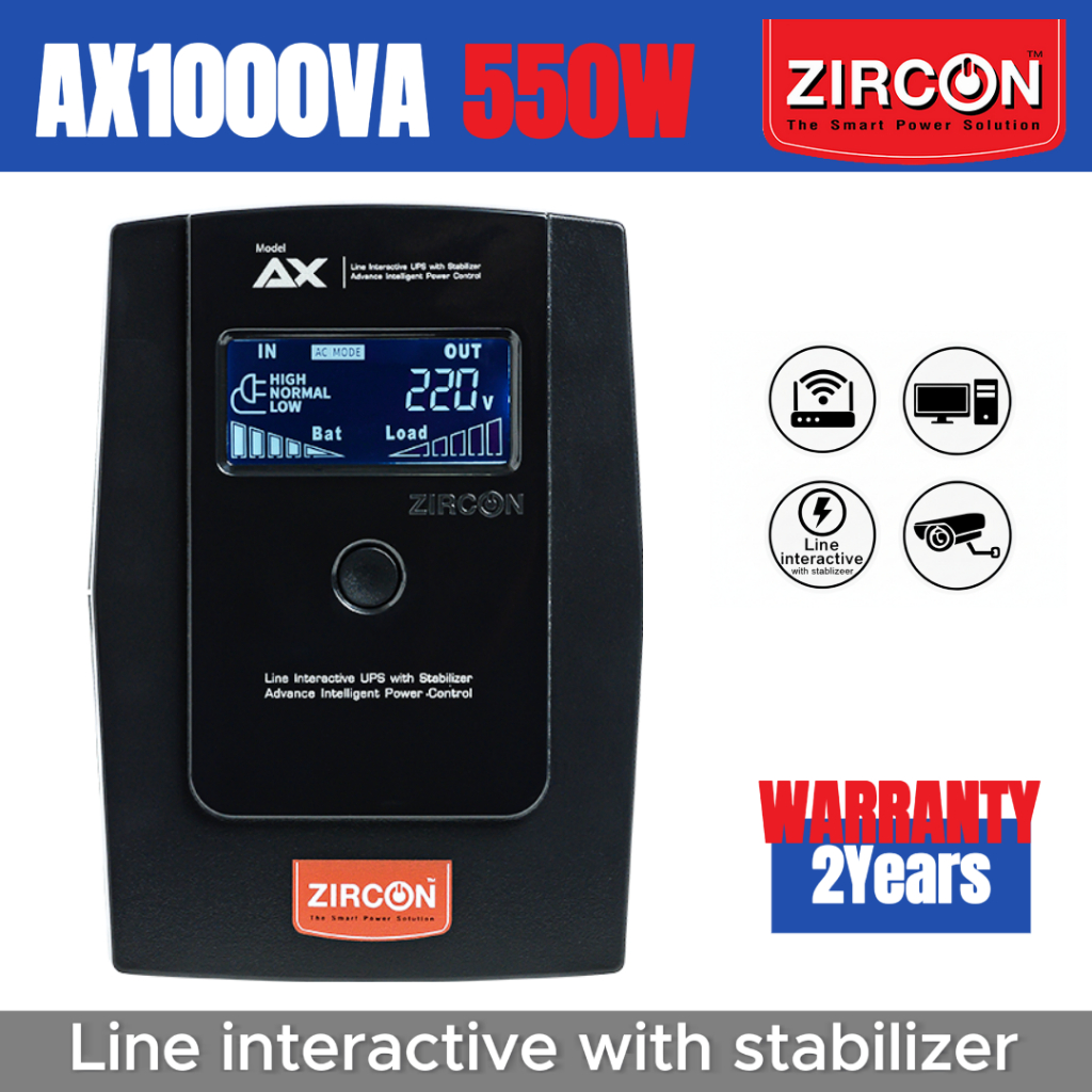 ZIRCON UPS เครื่องสำรองไฟ  AX 1000VA/550W Line interactive with stabilizer 2 years warranty