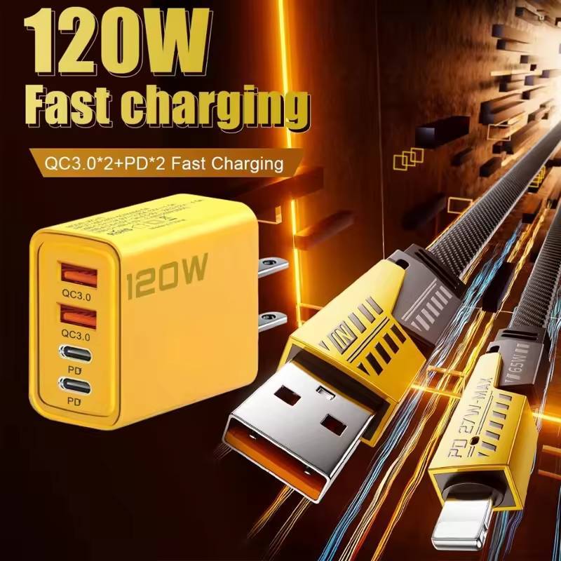 สายชาร์จ 4IN1, หัวชาร์จเร็ว 120W 1USB 2PD, หัวที่ถอดออกได้, สายเดี่ยว, 1M  เหมาะ