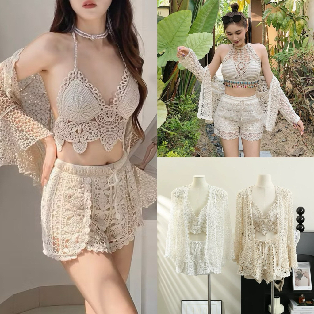 ชุดเซ็ตสุดคุ้ม 3 ชิ้น สายเดี่ยว+กางเกง+เสื้อคลุม ใส่ไปทะเล