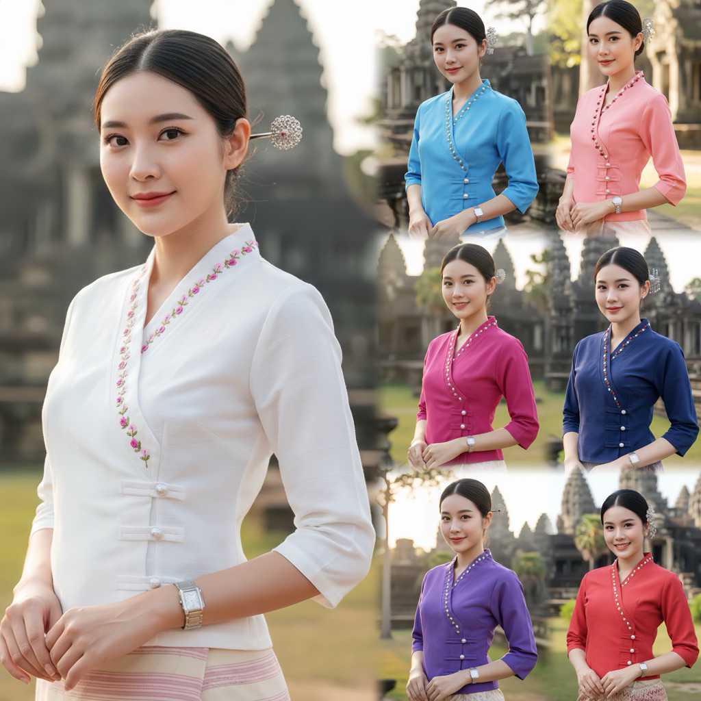 เสื้อพื้นเมืองผู้หญิงเจ้านางป้ายกระดุมเงิน ปักดอกด้วยมือ