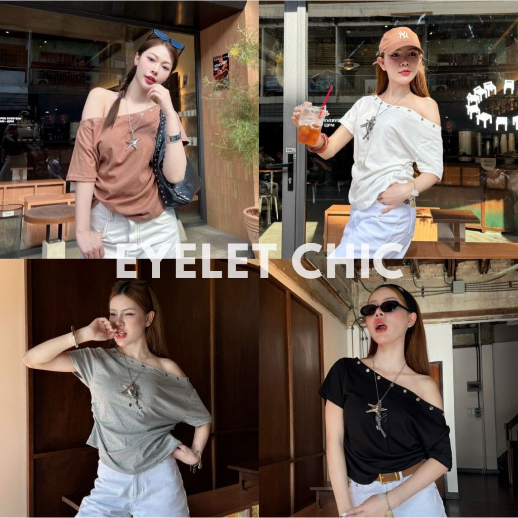 Eyelet Chic*แขนสั้น* เสื้อปาดไหล่แขนสั้นตัวยาว เสื้อปาดไหล่แต่งห่วง ผ้านิ่มเกาหลี ใส่สบาย สาวอวบ Shenny (S039)