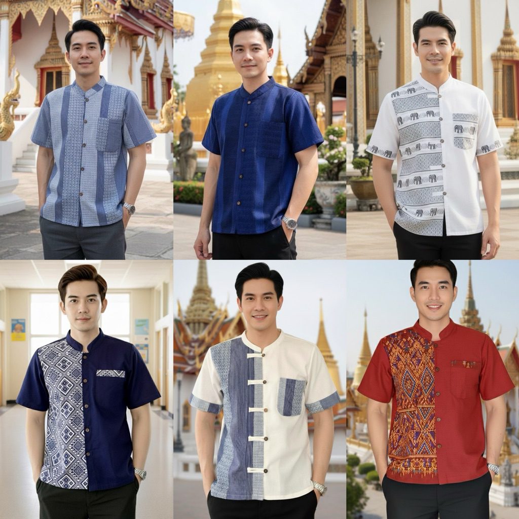 เสื้อพื้นเมืองผู้ชายแขนสั้นลายไทย
