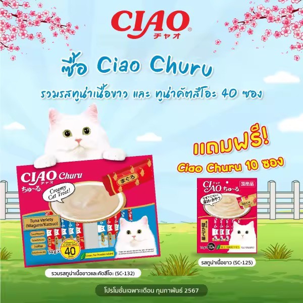 (แถมฟรี แมวเลีย 10 ซอง)CIAO Churu ขนมแมวเลีย รสปลาทูน่าเนื้อขาว+ทูน่าคัตสึโอะ 14 กรัม x 40 ซอง (SC-132)