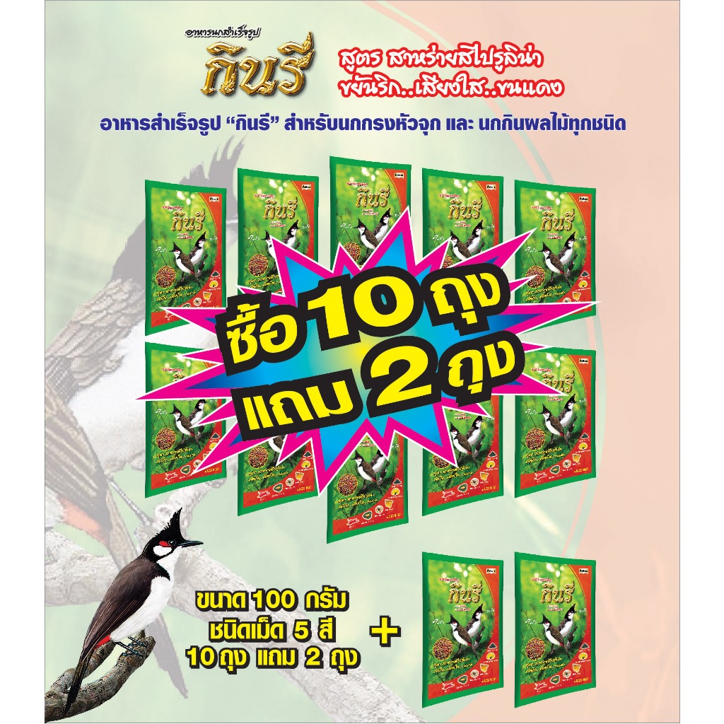 อาหารนกปรอด, นกกรงหัวจุก กินรี แบบอัดเม็ด รสผลไม้ 5 สี 100 กรัม จำนวน 10 ถุง แถม 2 ถุง
