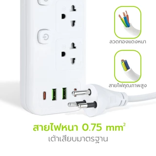 Nataku ปลั๊กไฟ ปลั๊กไฟมอก. power socket 1.5เมตร 3เมตร 5เมตร 10เมตร พร้อม Type-C USB