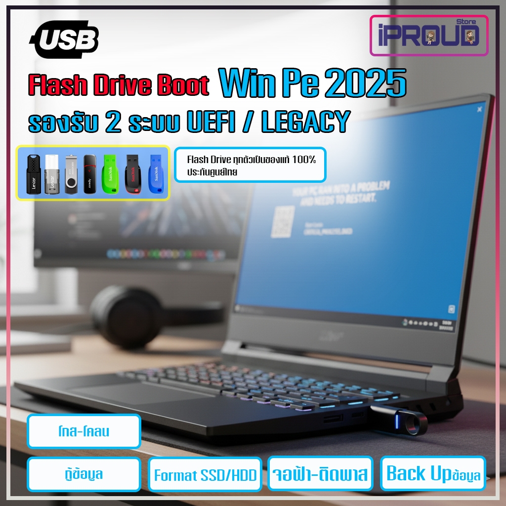 USB Boot l Flash drive Boot l 32GB l WinPe 2025 สำหรับซ่อมคอม เข้าเครื่องไม่ได้ จอฟ้า ลืมรหัส 2ระบบ 
