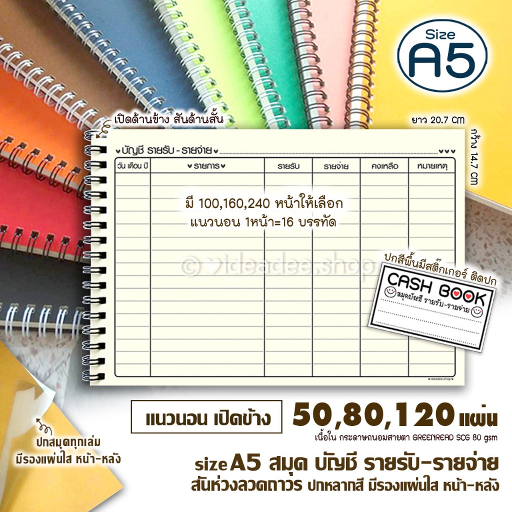 🔢⭕🏳‍🌈A5 (เล่มเล็ก)นอนเปิดข้าง⭕สมุดบัญชี รับ-จ่าย /มี 50&80&120 แผ่น สันลวดด้านสั้น🌈ปกหลากสี+มีแผ่นใส