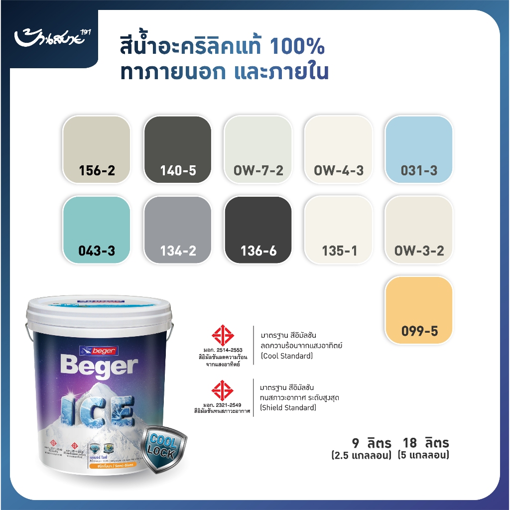 Beger เบเยอร์ ไอซ์ สีทาภายนอก ภายใน ขนาด 18 และ 9 ลิตร ชนิด กึ่งเงา ด้าน  สีทาบ้าน ราคาพิเศษ