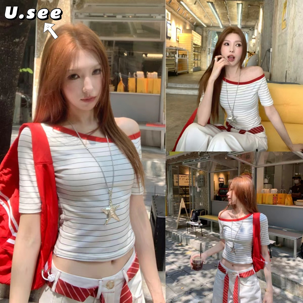 เสื้อยืดผู้หญิง เสื้อเปิดไหล่ เอวลอย สไตล์ออลแมทช์ เปิดไหล่#2381