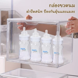 กล่องเก็บขวดนมสำหรับเด็กทารกความจุขนาดใหญ่ สามารถเก็บขวดนม ชาม ช้อน กล่องเก็บของกันฝุ่น 4 ชั้น พร้อมฝาปิด ตู้เก็บของกระจ