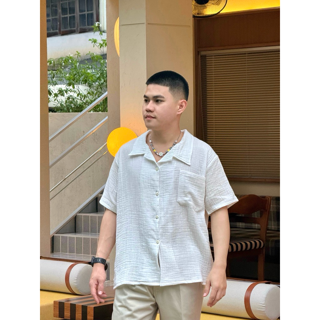 Lucus  เสื้อเชิ้ตคอปกผ้าสาลู 2 ชั้นและผ้าลินินผสมฝ้าฝ้าย เสื้อผู้ชาย ราคา ถูกที่สุด ดีลบีเคเค แกลเลอรีภาพที่ 3