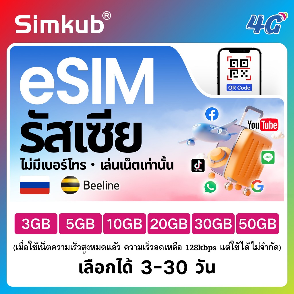 eSIM Russia เครือข่าย VimpelCom (beeline) ซิมท่องเที่ยว รัสเซีย เน็ต 3-50GB รองรับ 4G เลือกได้ 3-30 วัน