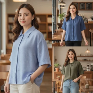 ใหม่.เสื้อเชิ้ตคอปกกระดุ่มผ่าหลัง Over Size หน้าผ้าอก 52 นิ้ว.เป็นผ้าโพลีเอสเตอร์ลายยีน