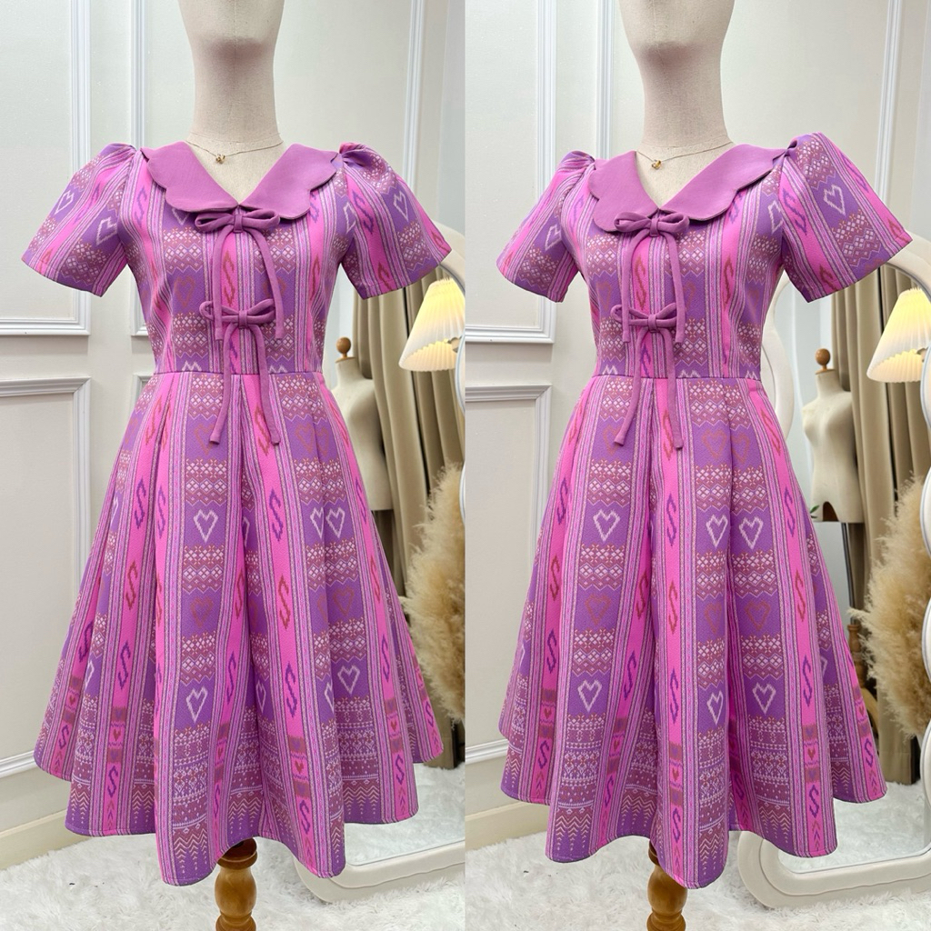 ย้วยม่วงผ้าทอลายหัวใจอัดกาวS-7XL