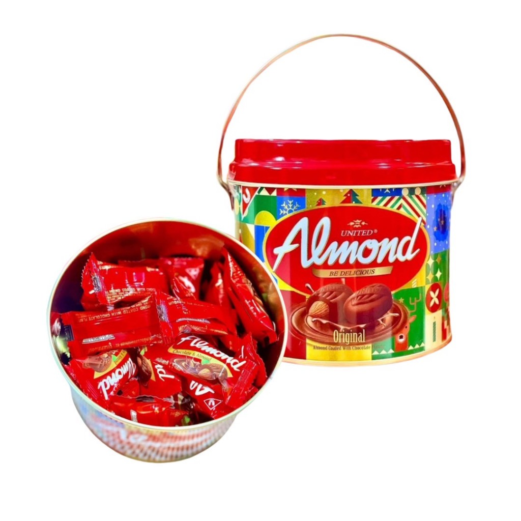 United Almond อัลมอนด์เคลือบช็อกโกแลต แบบถัง ลายใหม่ ขนาด 192.5 G