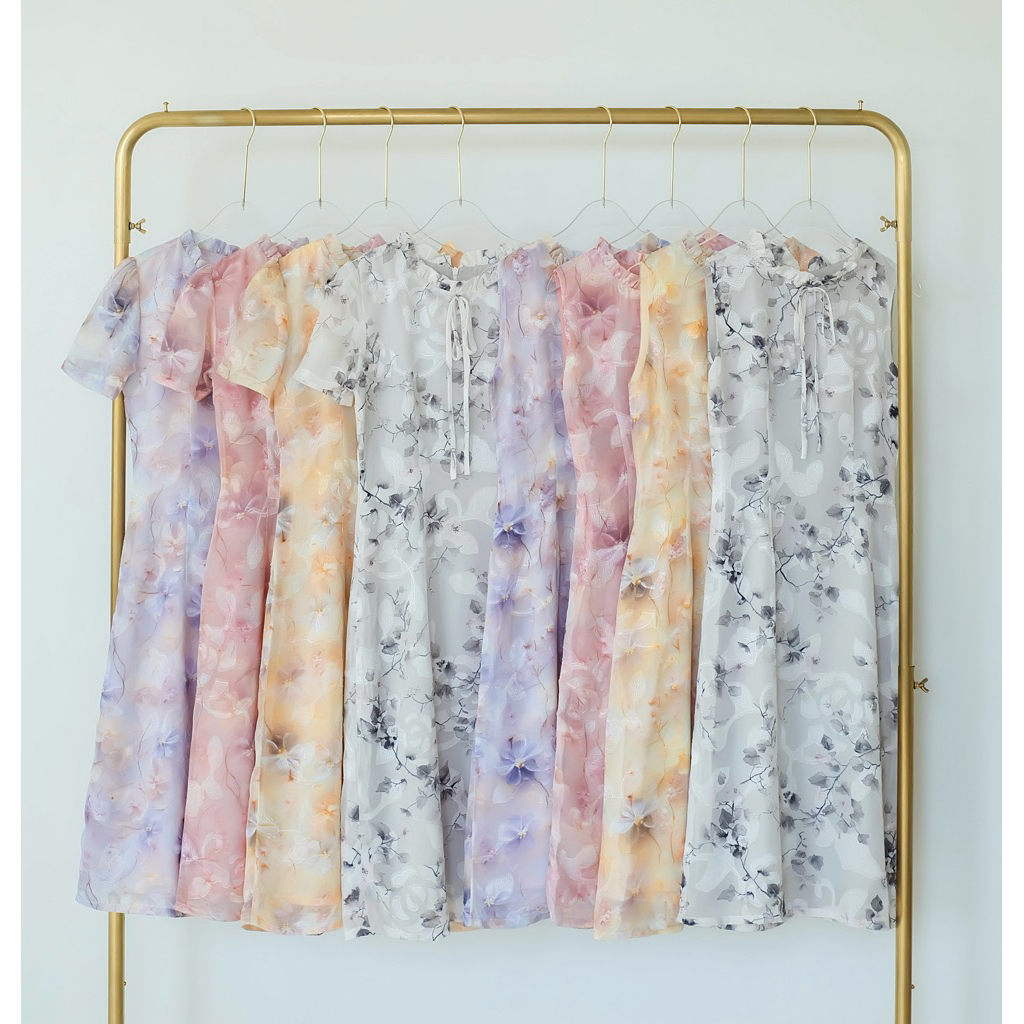 🧺🎀เดรสคอระบายผ้าชีฟองพรีเมี่ยมปักลาย (ยาวพิเศษ40")