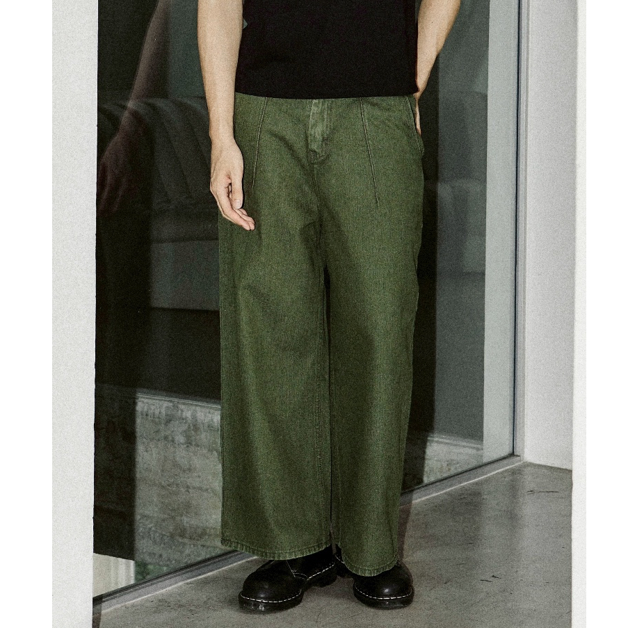 Raw Concrete Jeans - Deep Denim / Dark Moss Green กางเกงยีนส์ขากว้าง Wide Straight