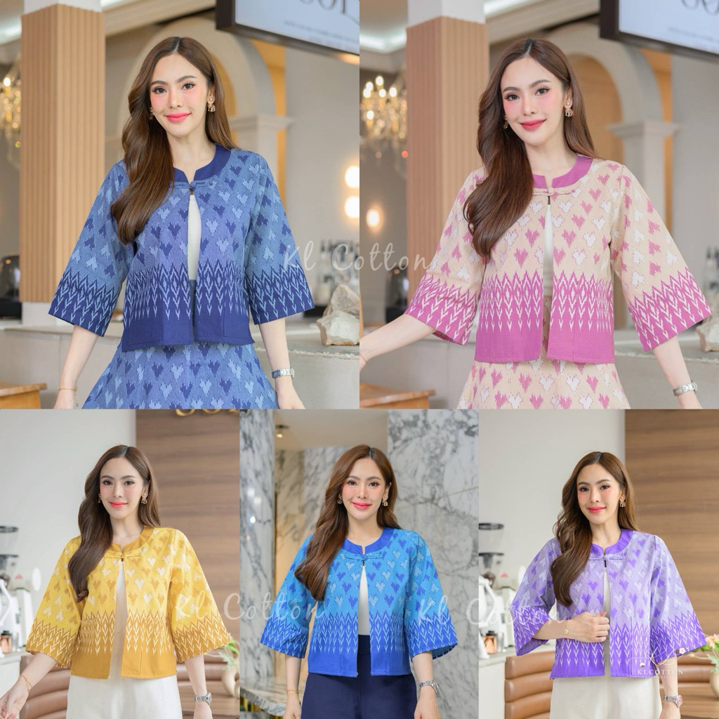 เสื้อแจ็คเก็ตผ้าฝ้ายพิมพ์ลายสไตล์ไทย สำหรับผู้หญิงมีกระเป๋า