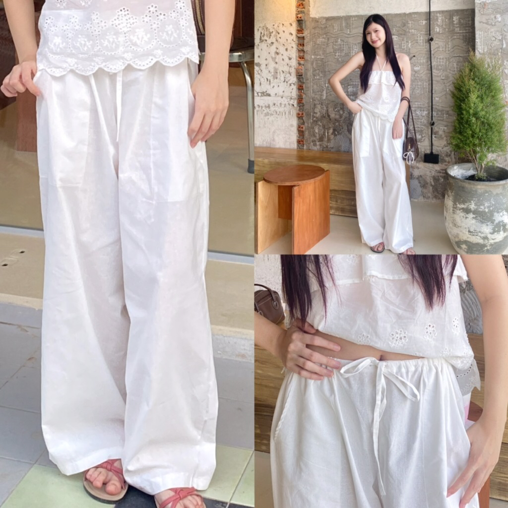 Sodsai.bkk | Linen flow กางเกงผ้าลินินสีขาว ขากระบอก มีเชือกรูดเอว ใส่สบาย🧸✨