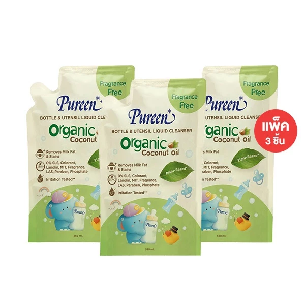 [แพ็ค 3 ชิ้น] Pureen เพียวรีน น้ำยาล้างขวดนม สูตรออร์แกนิค กลิ่น Fragrance Free (รีฟิล) 550 ml
