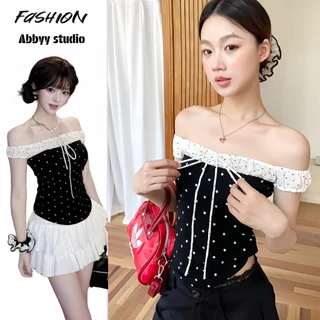 ZIRAพร้อมส่ง🍦เสื้อครอปแต่งลูกไม้ ดีไซน์โบว์เก๋ๆ เสื้อยืดแขนสั้นผู้หญิง คอสี่เหลี่ยม ทรงสวย สไตล์ฝรั่งเศส สำหรับผู้หญิง