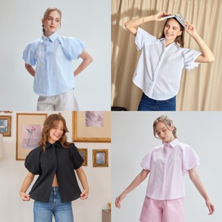 BIRUCHU TOFU BLOUSE : เสื้อเชิ้ต แขนพอง ผ้ายับยาก ใส่สบาย กร…