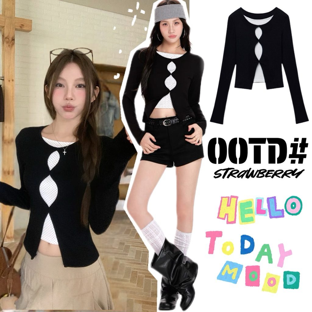 STR พร้อมส่ง🖤🐰เสื้อยืดแขนยาวทรงครอป ดีไซน์เก๋เก๋ เสื้อเชิ้ตรัดรูปสองชิ้นติดกัน สายโพกาดอท สไตล์เกาหลี แฟชั่นผู้หญิงY2K