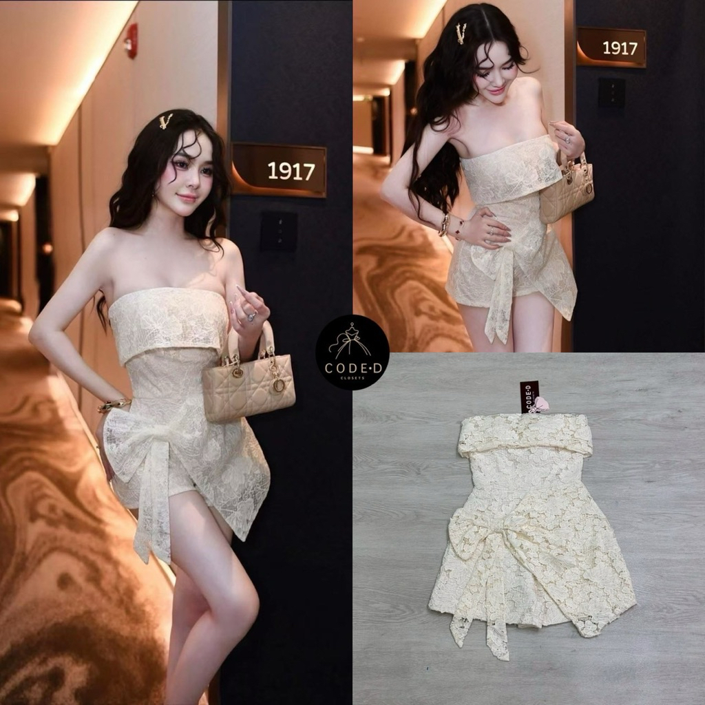 CODE-D CLOSETS จั้มสูทขาสั้น เกาะอกสีครีม ช่วงอกเสริมฟองน้ำ ด้านในแต่งแถบกันลื่นมาให้อย่างดี