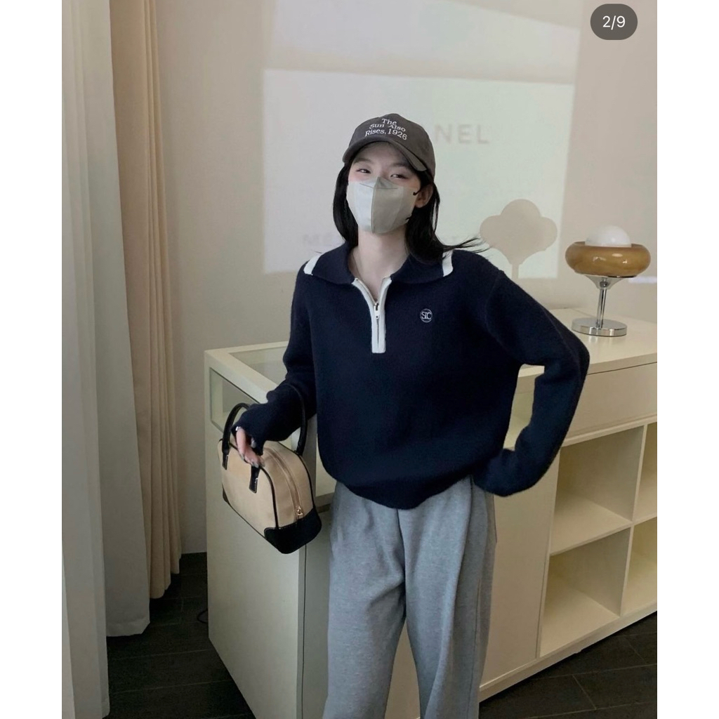 เสื้อไหมพรมกันหนาว สีกรม มีซิป WGWE มือสอง Raris Closet