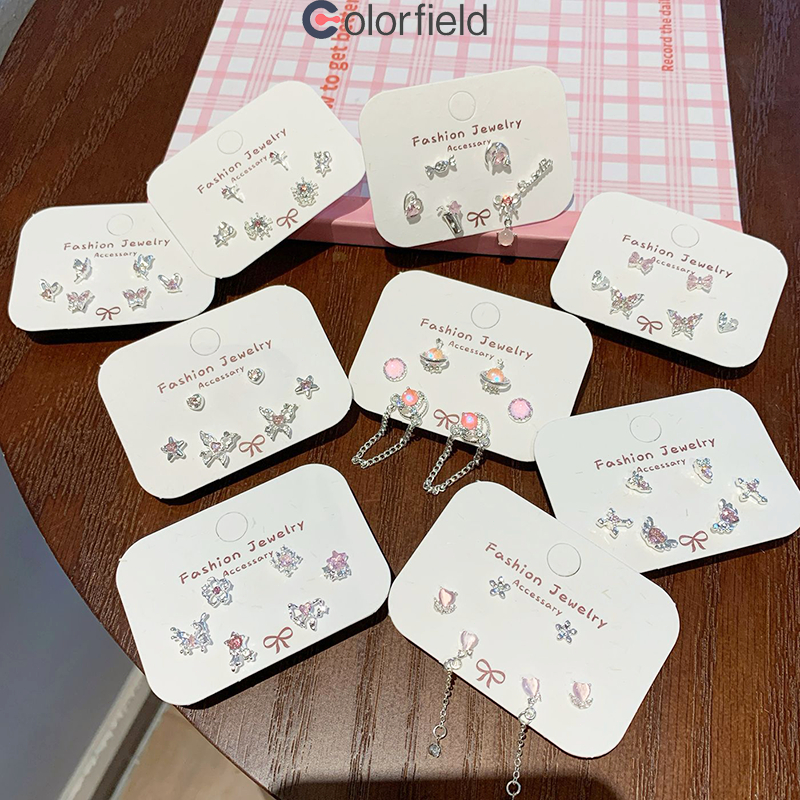 Colorfield สีชมพู ต่างหู ประดับโบว์ประดับเพทาย แฟชั่น ระดับไฮเอนด์ ไม่ทําให้แพ้ง่าย สำหรับผู้หญิง-COD