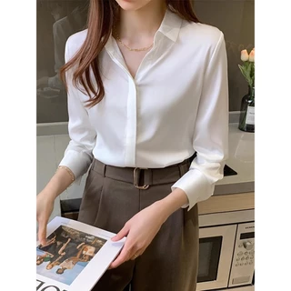 ACHSAWAKE สุภาพสตรีฝรั่งเศสแสงหรูหราซาตินอะซิติกแขนยาวเสื้อพรีเมี่ยมความรู้สึกหลวมไหมเสื้ออารมณ์ด้านบน