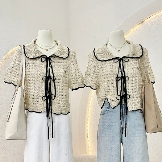 เสื้อไหมพรมผ่าหน้า แต่งขอบ มีสานผูกสไตล์เกาหลี สุดน่ารัก ผ้านิ่มยืดได้ งานป้าย waya