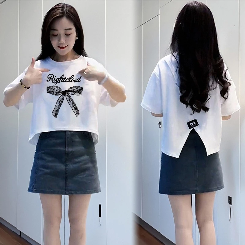 เสื้อครอปน่ารักสไตล์เกาหลี oversize เสื้อผ้าสาวอวบอ้วนไซส์ใหญ่ เสื้อยืดสวยๆผู้หญิงกําลังฮิตใหม่ล่าสุด ผ่าด้านหลัง แฟชั่น