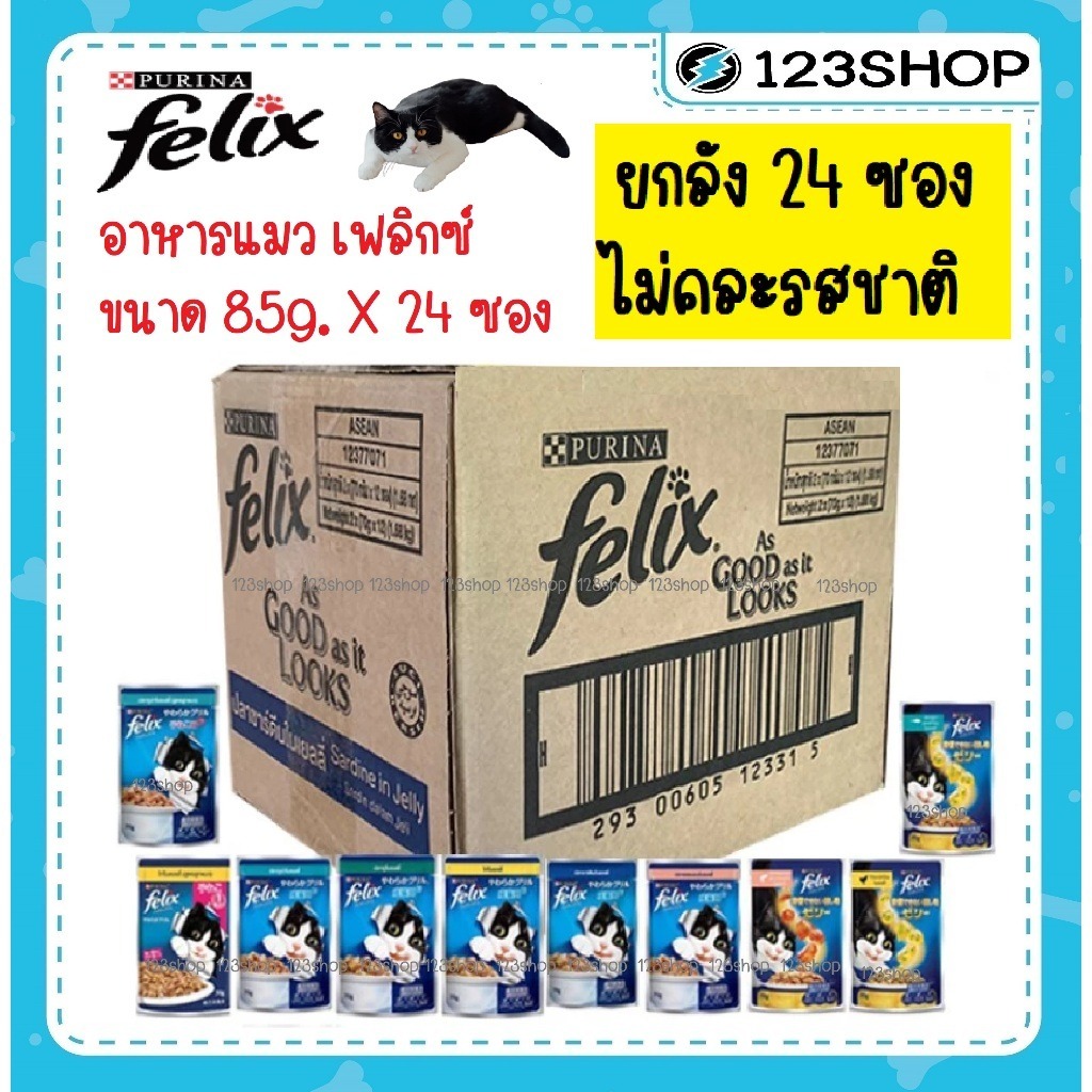 [ยกลัง 24 ซอง] FELIX เฟลิกซ์ อาหารเปียกแมว ขนาด 85 กรัม (ไม่คละรสชาติ)