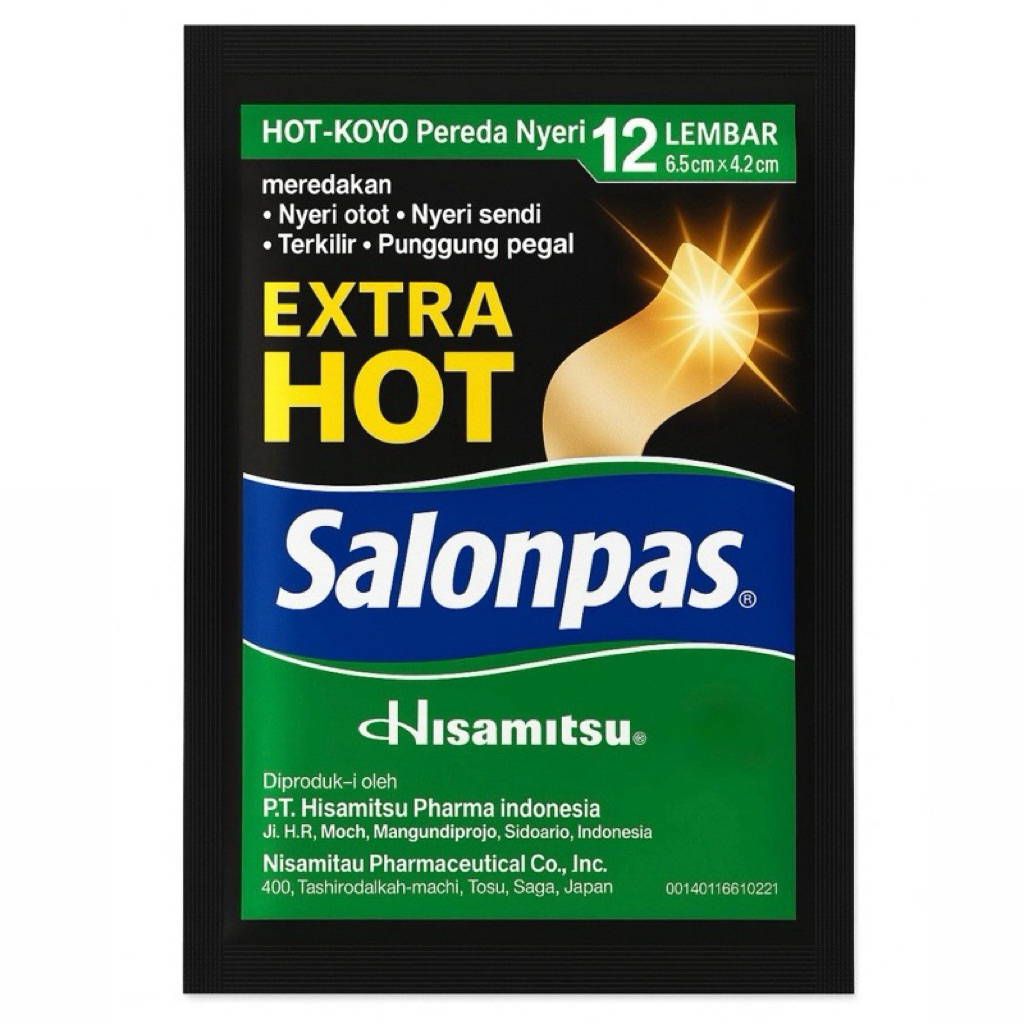 Salonpas Extra Hot พลาสเตอร์บรรเทาปวด 1 ซอง 12 แผ่น ของแท้จากญี่ปุ่น ขนาด 42 มม.x 65 มม. แผ่นแปะบรรเ
