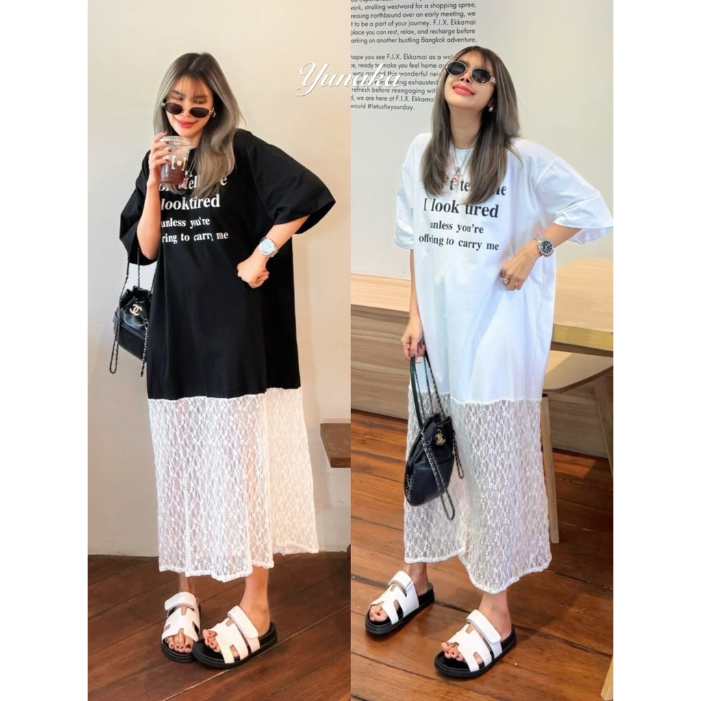 เดรสยาวคอกลมแขนสั้น ทรง Oversize ตัดต่อลูกไม้ช่วงชาย งานสกรีน