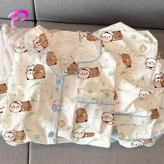 【ส่งจากไทย】เสื้อนอนการ์ตูนแขนสีน เปิดหน้าติดกระดุม สาวๆ นุ่มละมุน ใส่สบายไม่ร้อน ใส่แล้วน่ารักฟรุ้งฟริ้ง